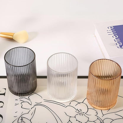 DASITON Makeup Brush Holder Organizer, Crystal Cosmetic Makeup Brushes Storage Holder, Glass Make Up Brush Holder, Vintage Striped Make Up Cup Desk Pen Pencil Holder, Toothbrush Holders (Coffee S)