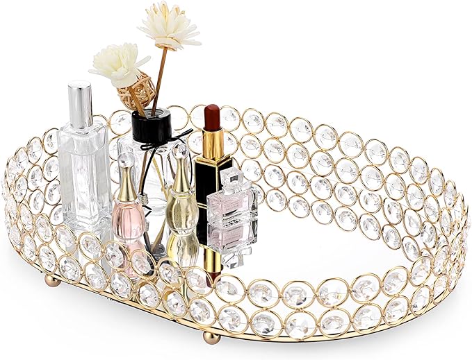 Hipiwe Crystal Vanity Tray Mirrored Dresser Perfume Trays for Makeup Tray Cosmetic Skin Care Storage, Jewelry Trinket Organizer Tray for Bathroom Countertop Home Decor (Large, Gold)