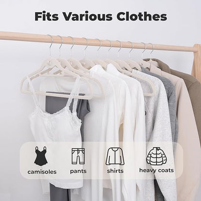 Ivory Velvet Hangers 50 Pack, Felt Covered Non Slip Fabric with Stackable Cascading Hook, Ultra Thin and Space Saving with 360° Swivel Neck, 15Lbs Capacity for Clothes, Suit, Shirt, Coat