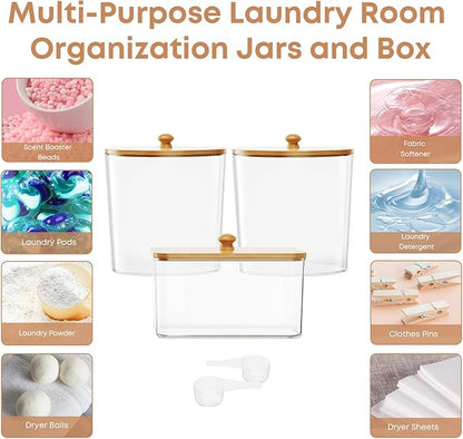 COAZEX 3 Pack Laundry Powder Container & Dryer Sheet Holder, Large Plastic Laundry Room Organization and Storage Jars with Lids, Labels & Scoops for Powder, Detergent, Scent Booster