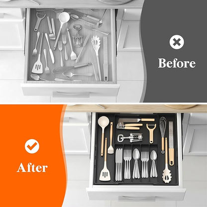 Lifewit Silverware Drawer Organizer, Expandable BPA Free Utensil Tray for Kitchen, Adjustable Flatware and Cutlery Holder, Plastic Storage for Spoons Forks Knives, 12-20.3 x 11.3-19.4 x 1.7, Black