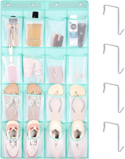 F-color 16-Pocket Hanging Organizer - Over the Door Shoe Organizer, Cruise Essentials for Cabin & RV, Breathable Mesh Storage Pockets, Space Saving Hanging Storage Holder with 4 Sturdy Metal Hooks