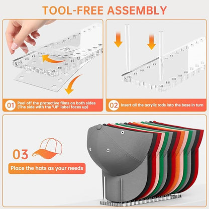 Hat Organizer for Baseball Caps, Acrylic Hat Rack for 14 Baseball Caps, Hat Holder Display and Organizer for Closet, Tabletop, Dressing Table