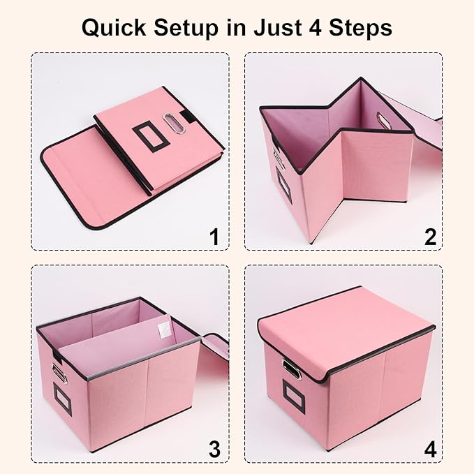 File Storage Box with Lid, 15.55x12.87x10.43 Inches, Foldable Organizer with Handles & Label Slot, for File Storage, Home, Office, and Closet Organization(2 Packs, Pink)