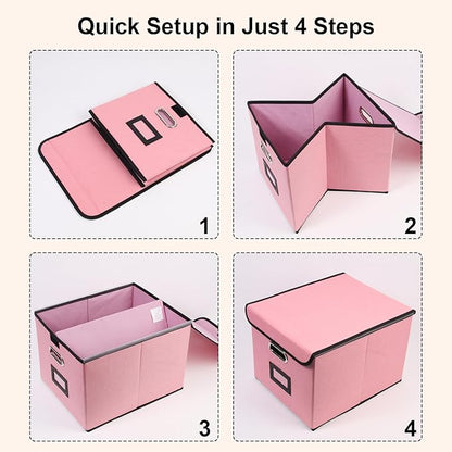 File Storage Box with Lid, 15.55x12.87x10.43 Inches, Foldable Organizer with Handles & Label Slot, for File Storage, Home, Office, and Closet Organization(2 Packs, Pink)