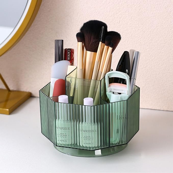 LINFIDITE 360°Rotating Makeup Organizer Holder Cosmetic Display Case Clear Makeup Brush Lip Gloss Organizer Case with 5 Slots Round Turntable Storage Tray for Vanity, Bathroom, Counter Organizer Green