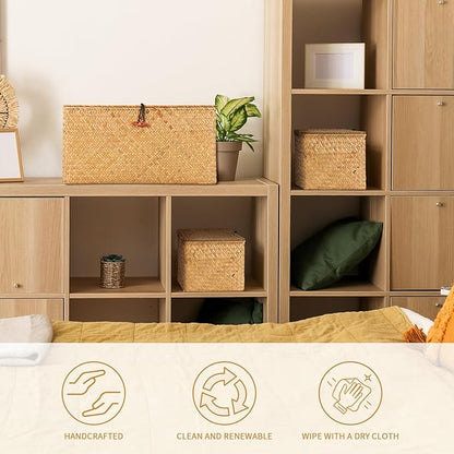 FEILANDUO Wicker Shelf Basket with Lids, Seagrass Storage Baskets Bins Rectangular Woven Baskets Boxes for Organizing Multipurpose Container Boho Home Decor Set of 3