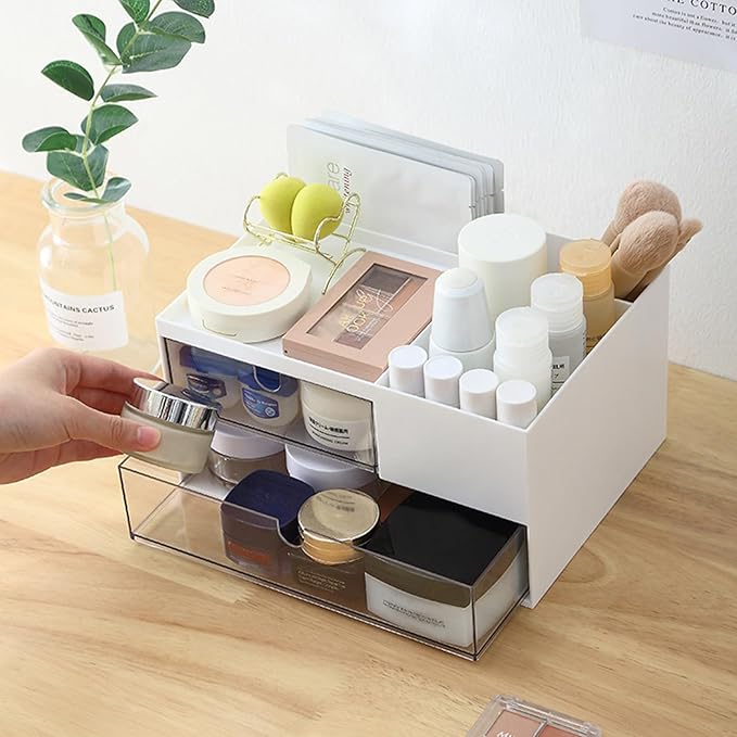 MILULUGO Makeup Organizer with 2 Drawers, Desk Organizer, 4 Compartments, Cosmetics Storage Box for nail polish,Lipstick, Brushes, Jewelry, Skincare, Bathroom Organization Boxes - White