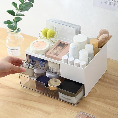 MILULUGO Makeup Organizer with 2 Drawers, Desk Organizer, 4 Compartments, Cosmetics Storage Box for nail polish,Lipstick, Brushes, Jewelry, Skincare, Bathroom Organization Boxes - White