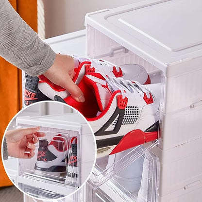 GUDEMAY Drop Front Shoe Storage Box, No Assembly Stackable Shoe Organizer Storage Bin with Clear Door, Free Standing Shoe Shelf Cabinet with Lid, Plastic Shoe Rack for Closet Entryway, 6-Tier