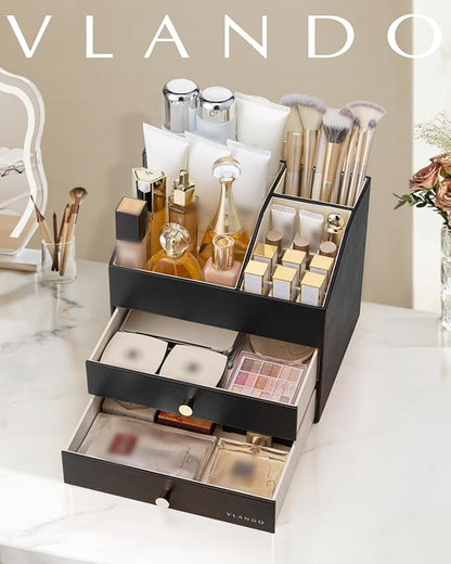 VLANDO Makeup Organizer for Vanity,Large Capacity Countertop Organizer with Drawers, PU Leather Cosmetic Display Case for Lipstick,Brushes,Skincare,Bedroom Storage (Black)