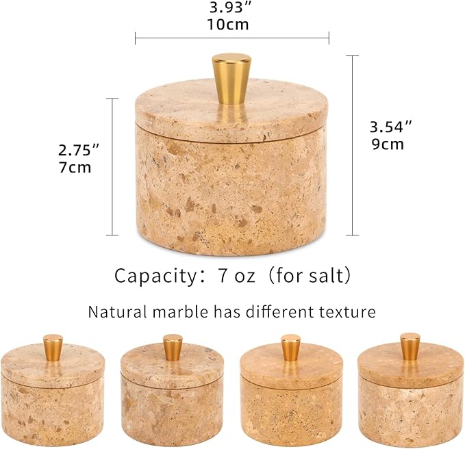 Marble Salt Cellar with Lid, 4 inch Natural Stone Salt Pepper Box, Alloy Lid for Kitchen Countertop Storage (Mud yellow, 4 * 3.5)