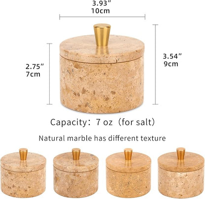Marble Salt Cellar with Lid, 4 inch Natural Stone Salt Pepper Box, Alloy Lid for Kitchen Countertop Storage (Mud yellow, 4 * 3.5)
