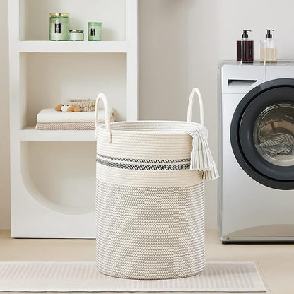 VIPOSCO Large Laundry Hamper, Tall Woven Rope Storage Basket for Blanket, Toys, Dirty Clothes in Living Room, Bathroom, Bedroom - 100L Stripe White
