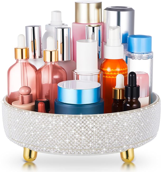 Honeydak White Bling Perfume Makeup Organizer Bling Mother's Day Nurse Day Gifts for Women Bathroom Organizers and Storage 360 Rotating Makeup Organizer for Countertop(Pearl)