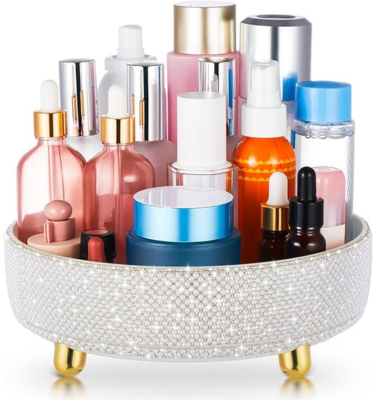 Honeydak White Bling Perfume Makeup Organizer Bling Mother's Day Nurse Day Gifts for Women Bathroom Organizers and Storage 360 Rotating Makeup Organizer for Countertop(Pearl)