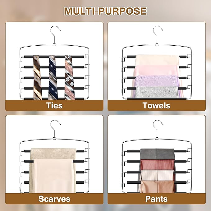 Pants Hangers, 3 Pack Anti-Slip Space Saving Hangers, 5 Layer Swing Arm Pants Hanger Stainless Steel with Non-Slip Padding, Closet Organizers & Storage for Pants Trousers Jeans Scarf