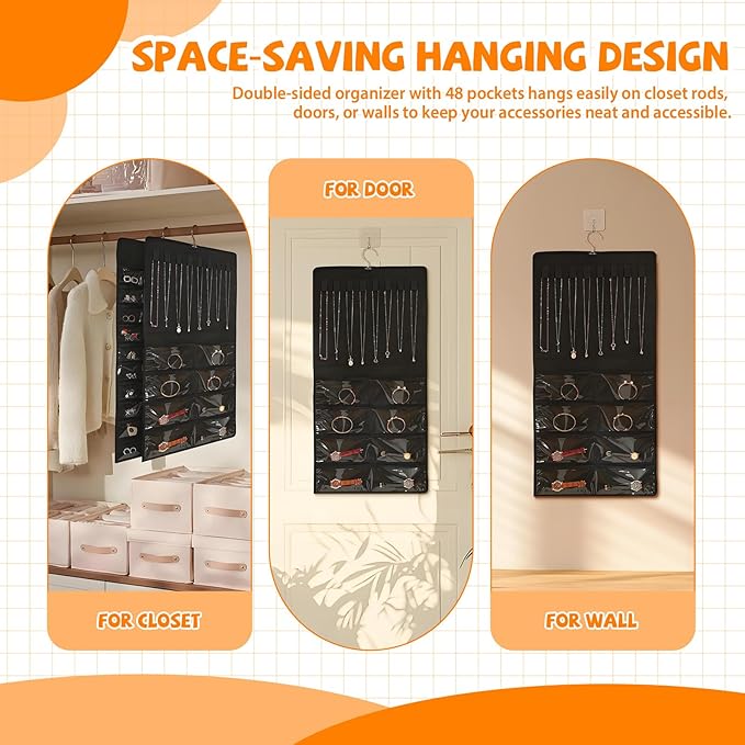 48 Pockets Hanging Jewelry Organizer with Necklace Straps, Double-Sided Black Closet Jewelry Holder for Space-Saving Storage of Earrings, Bracelets & Necklaces