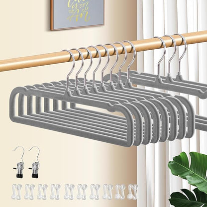 14 Inch 30 Pack Velvet Pants Hangers Non Slip,Slim Felt Jean Hangers with 10 Hooks and 2 Clips,Strong Durable Thin Space Saving Clothes Hanger with 360°Swivel Hook for Shorts,Skirts Bra(Grey)