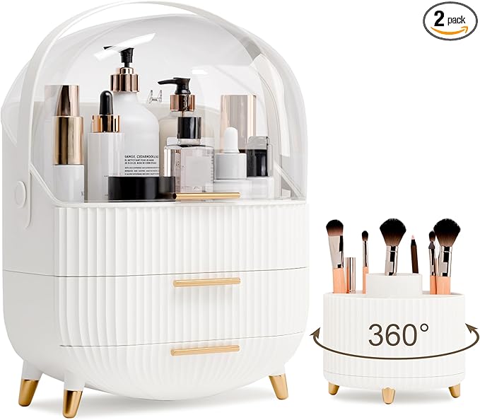 lurcns Makeup Organizers and Storage Make up Organizer for Vanity Cosmetics Skincare With Lid and Drawers Display Cases for Countertop Bathroom Women Teenager Girl Gifts(White+Brush Holder)