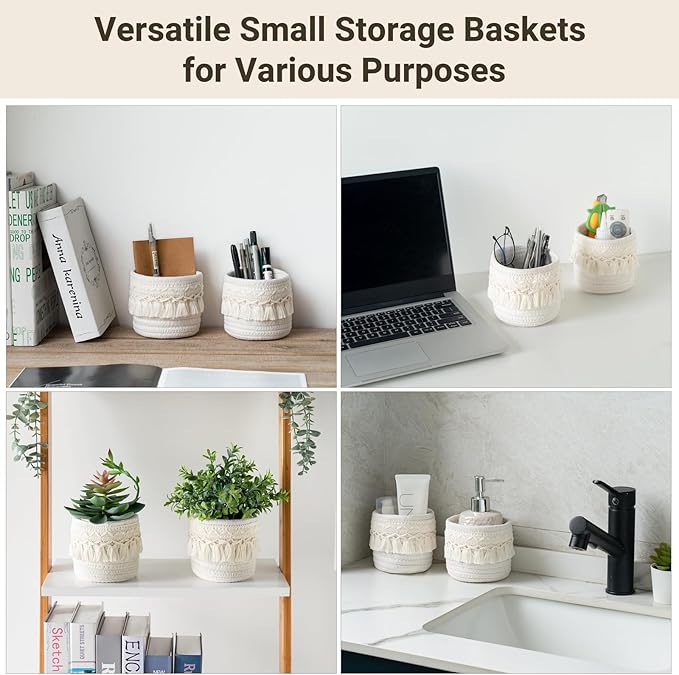 Mkono Macrame Makeup Brush Holder Organizer Comb Brushes Mini Storage Basket Set of 2 Boho Decor Baskets for Pen Pencil Box Container, X-Small, Ivory