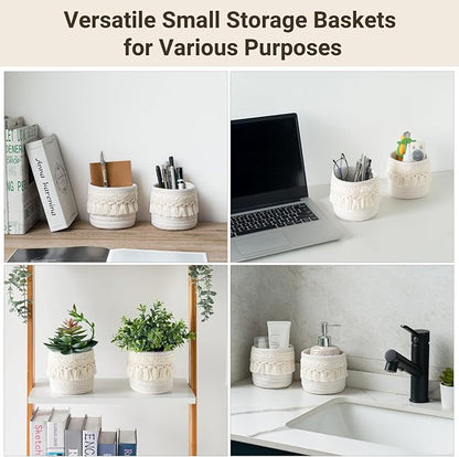 Mkono Macrame Makeup Brush Holder Organizer Comb Brushes Mini Storage Basket Set of 2 Boho Decor Baskets for Pen Pencil Box Container, X-Small, Ivory