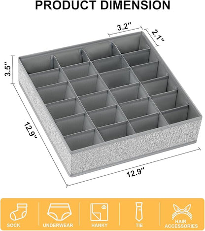 Joyoldelf Sock Drawer Organizer Divider Underwear Organizer 24-cell Fabric Dresser Drawer Organizers Storage Boxes for Socks Lingerie, Handkerchiefs, Ties 4 Pack (Gray)
