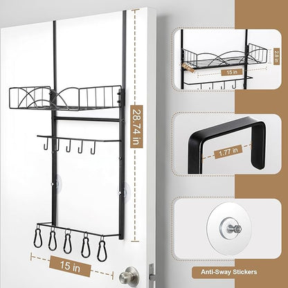 Metal Over Door Hat Rack for Baseball Caps- 3 Tier Wall Mounted Hat Rack with a Metal Basket, 5 Hooks and 5 Movable Hooks Design, Holds up to 40 Caps for Door, Bedroom & Closet