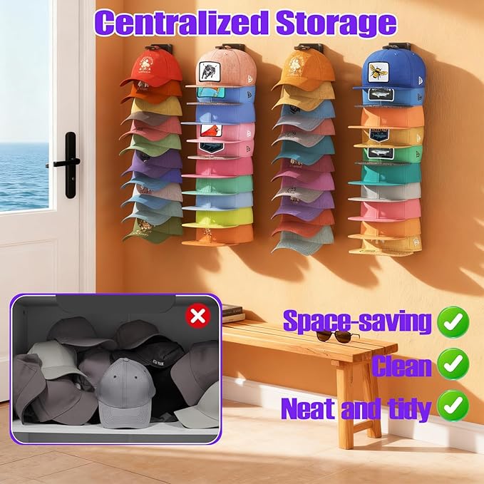 AXU 2 Pack Hat Organizer for Baseball Caps, Hat Rack for Wall (Black)