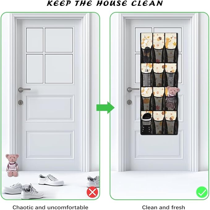 Cat and Maple Leaves Hanging Door Organizer with 12 Multi-Pockets Home Decor Thanksgiving Door Hanging Shoe Organizer for Dorm Room Essentials