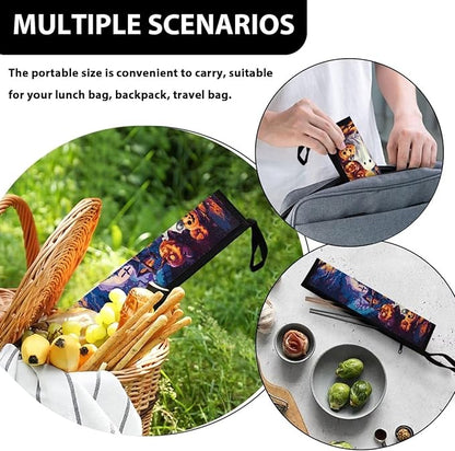 COEQINE Halloween Ghost Themes Portable Utensil Caddy Case with Keychain Small Foldable Pouch Knife Fork Spoon Organizer Holder for Picnic Outdoor