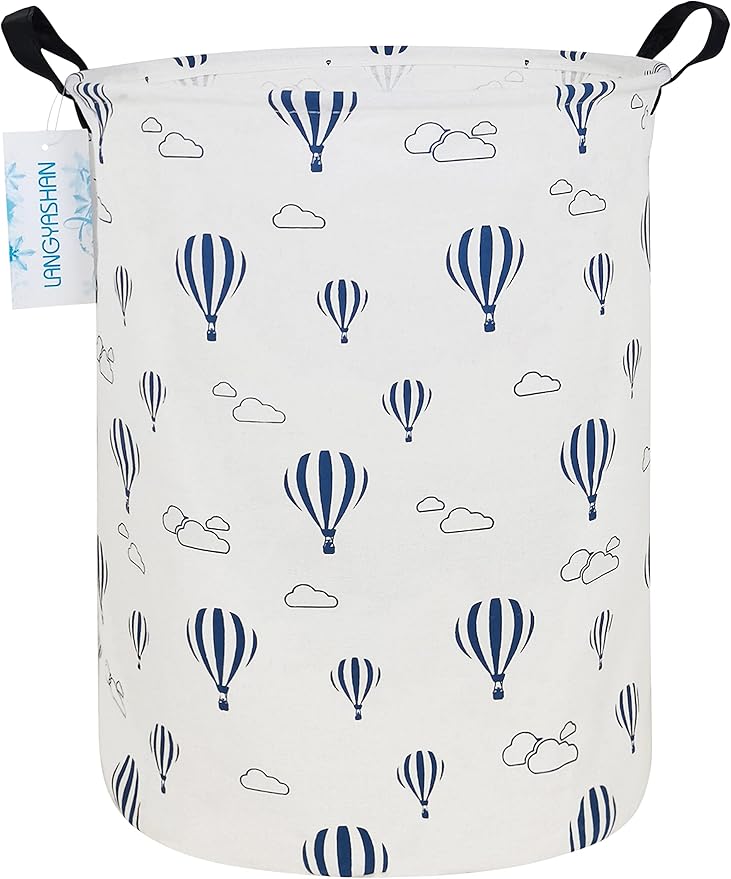 Laundry Basket Canvas Fabric Collapsible Organizer Basket for Storage Bin Toy Bins Gift Baskets Bedroom Clothes Children Nursery Hamper (Round Blue Balloon)