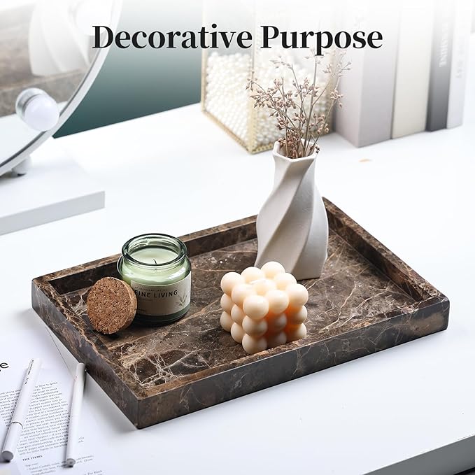 YMXYJM Real Natural Marble Tray for Bathroom, Genuine Marble Stone Vanity Tray, Luxury Storage Trays for Kitchen, Vanity, Home Decor, Dresser, Non-Resin/Non-Ceramic, 12"x 8"x 1.2", Dark Brown