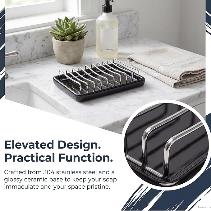 Soap Dish Drain Tray Self Draining Soap Holder Sponge Holder Soap Dishes for Shower, Bathroom, Kitchen Sink (1, C-Black)