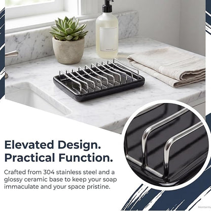 Soap Dish Drain Tray Self Draining Soap Holder Sponge Holder Soap Dishes for Shower, Bathroom, Kitchen Sink (1, C-Black)