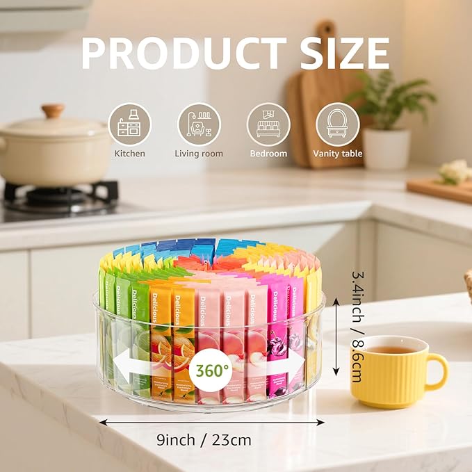 Divided Drink Packet Organizer, Largr Rotating Clear Lazy Susan Turntable for Powdered Drink Mix, Water Drink Packet Holder, Water Flavor Packet, Coffee, Tea – Space-Saving Countertop Organizer