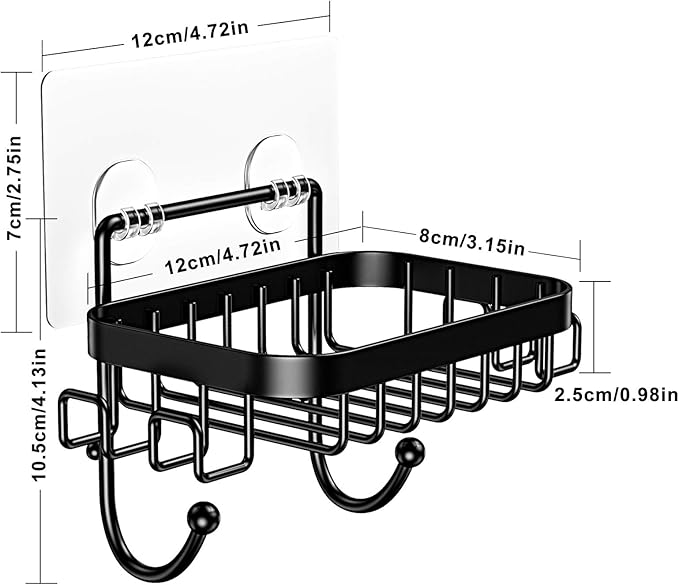 ODesign Soap Dish Holder SUS304 Stainless Steel with 6 Hooks Loofah Bath Sponge Towel Razor Holder for Bathroom Shower Kitchen Adhesive Wall Mounted No Drilling-Black-1 Pack