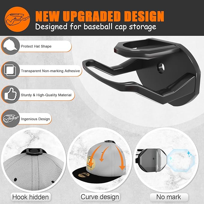 Niunuerga 24 Pack Adhesive Hat Hooks for Wall, Strong Hat Rack for Baseball Caps, Minimalist Hat Organizer Display for Home Decor, Hat Hold Hanger for Wall, Door, Closet, No Drilling (Black)