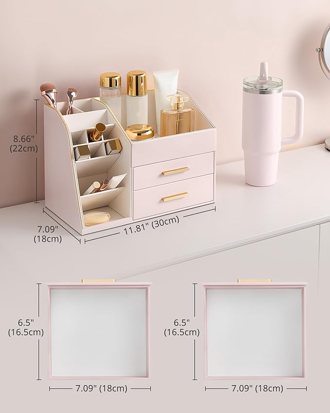 Lolalet Makeup Organizer Countertop with Drawers, Easy to Clean PU Leather Storage Box, 3-Layer Cosmetic Holder for Skincare, Lipstick, Perfume & Brush, Display Case for Vanity Dresser Bathroom -Pink
