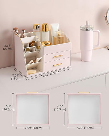 Lolalet Makeup Organizer Countertop with Drawers, Easy to Clean PU Leather Storage Box, 3-Layer Cosmetic Holder for Skincare, Lipstick, Perfume & Brush, Display Case for Vanity Dresser Bathroom -Pink