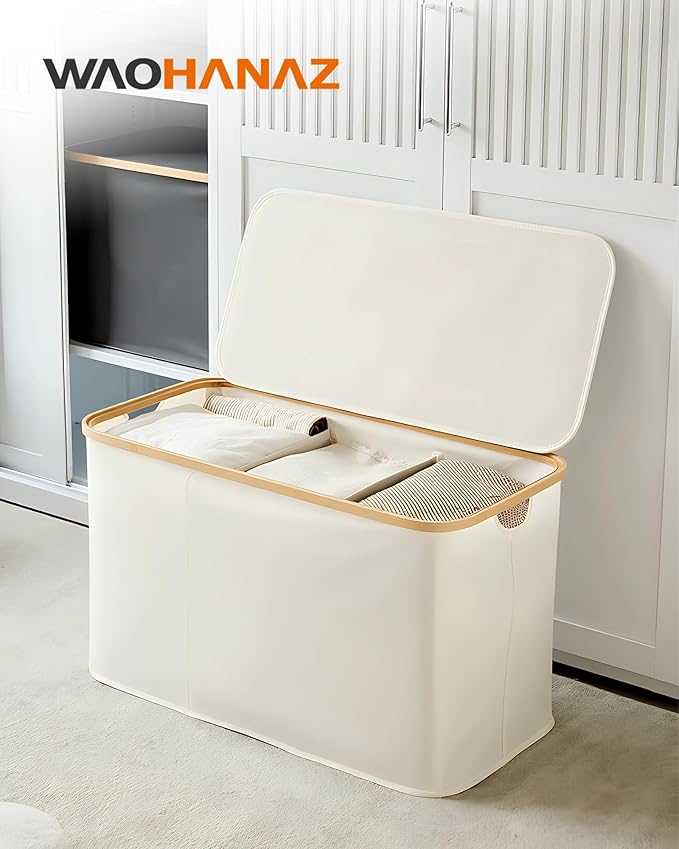 Storage Basket with Lid and Handles, 135L Fabric Bin with Divider for Shelf, Closet, Toy Organization, Collapsible Storage Organizer for Home, White