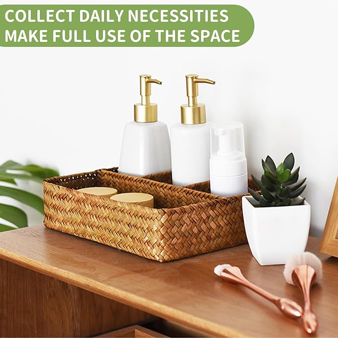 Wicker Baskets 4-Section Tea Bag/Sugar Packet Holder,Seagrass Woven Compartment Organizer,Storage Rattan Divided Basket,Office-Desk Baskets for Shelves,Pantry,Coffee Station Organizer,Countertops
