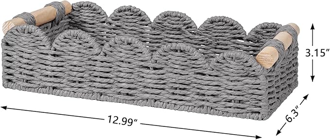 CubesLand Toilet Paper Storage Basket Organizer, Small Wicker Toilet Tank Top Decorative Baskets for Countertop, Handwoven Scalloped Basket w/handle for Home Decor, Living Room, Bedroom, Grey