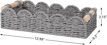 CubesLand Toilet Paper Storage Basket Organizer, Small Wicker Toilet Tank Top Decorative Baskets for Countertop, Handwoven Scalloped Basket w/handle for Home Decor, Living Room, Bedroom, Grey