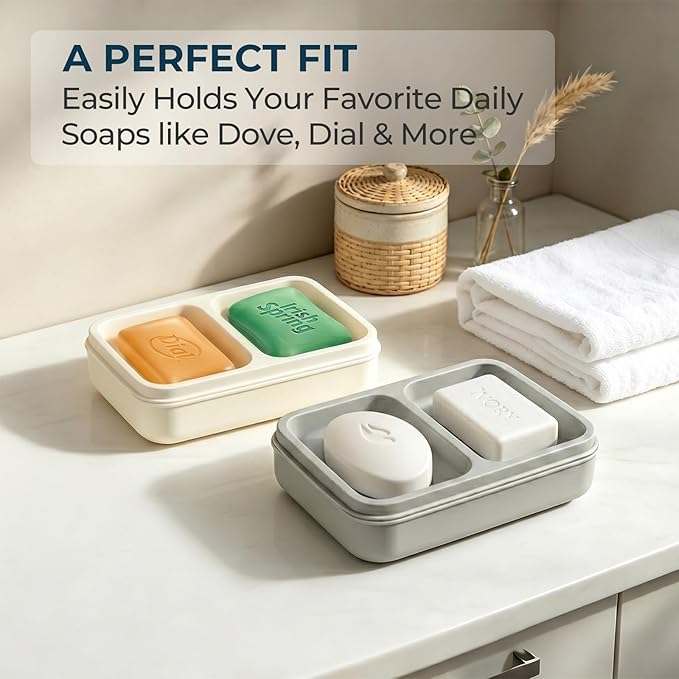 AIMAIAIMAI 2-Compartment Shampoo Bar Holder | Slotted Soap Dish with Drainage Tray for Bar Shampoo and Conditioner (1-Pack, Gray)