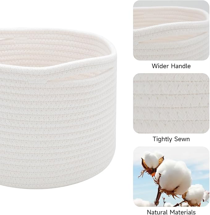 MiniArk Small Basket for Organizing | Cube Shelf Closet Storage Baskets | 9.7×9.7×7.1” | Woven Rope Gift Basket | Nursery | Round 3 Packs Off White
