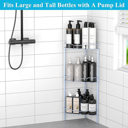 HuggieGems 3 Tier Floor Standing Corner Shower Caddy Organizer Shelf with Hooks, Bathroom Shelves Stand Rack, Blue