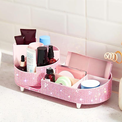 Teen Girls Mother's Day 360 Rotating Bling Makeup Organizer Gift Rhinestone Diamond Bathroom Organizer Girly Skin Care Brush Holder for Countertop, Bathroom Essentials(Pink,Rhinestone)