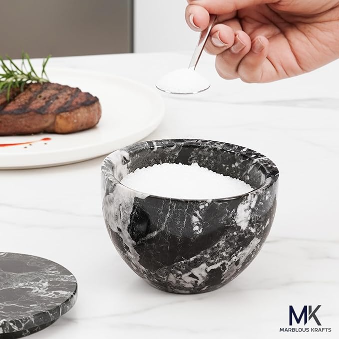 MARBLOUS KRAFTS Marble Salt Cellar with Lid and Spoon Black Zebra 3 x 4 Spice Container for Kitchen Countertop, 4.7 oz, Sugar Candy Bowl, Seasonings, and Kosher Salt, Perfect Mother’s Day Gift for Mom