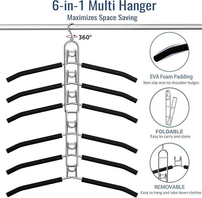 Clothes Hangers Space Saving, Newly Upgraded Detachable Shirt Hangers, 6-Tier Foldable Coat Hanger with 360° Swivel Hook for Closet Organizers and Storage Shirt,Sweater,Suit - 2 Pack, Patent Pending